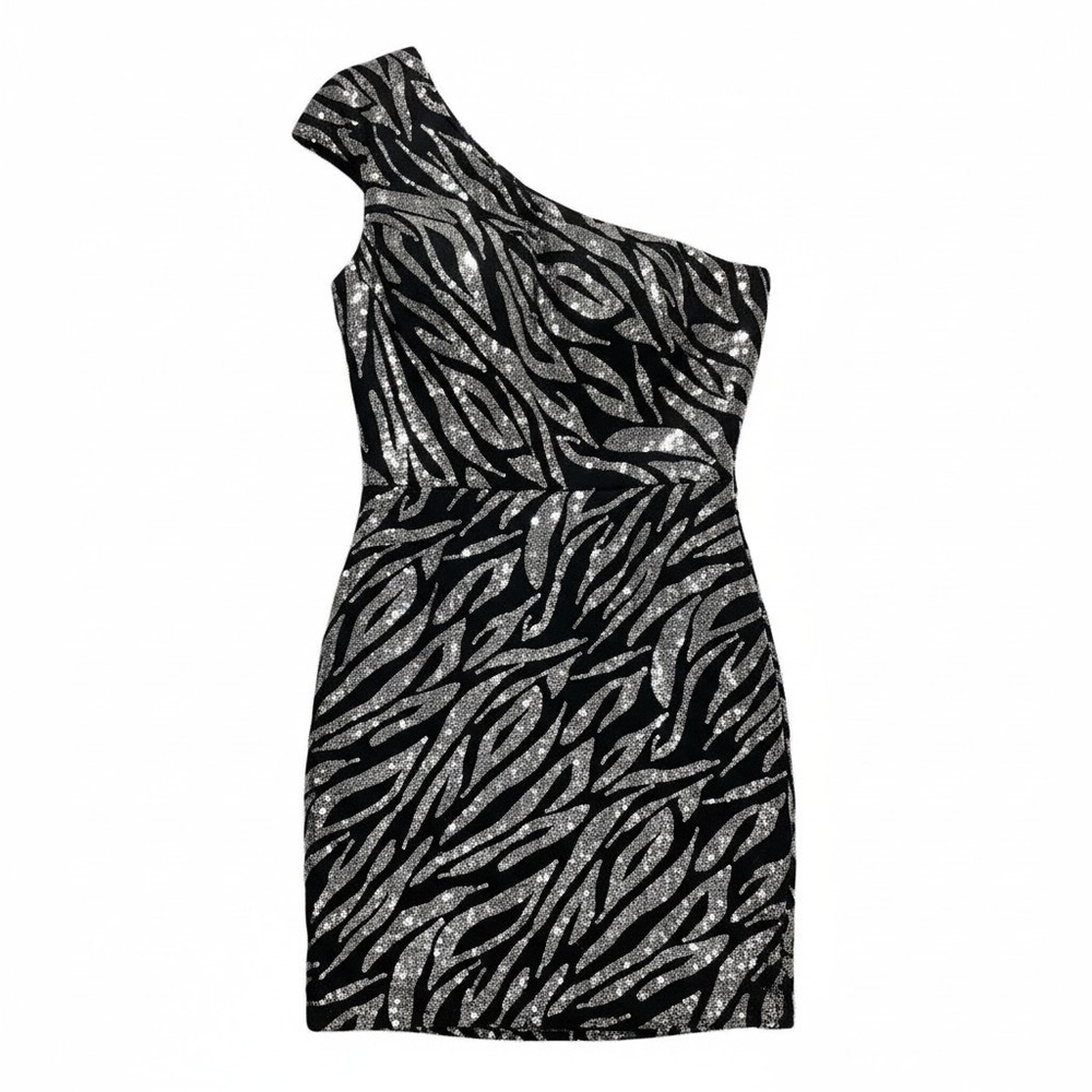 Beyond 0 Black Silver Sequin Zebra One Shoulder Womens Mini Dress Party
